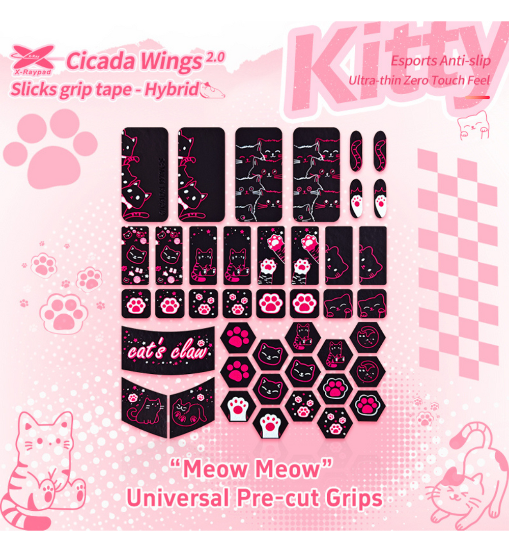 X-Raypad Kitty Black Cicada Wings V2.1 Slicks Mouse Grip - Universal Pre-cut