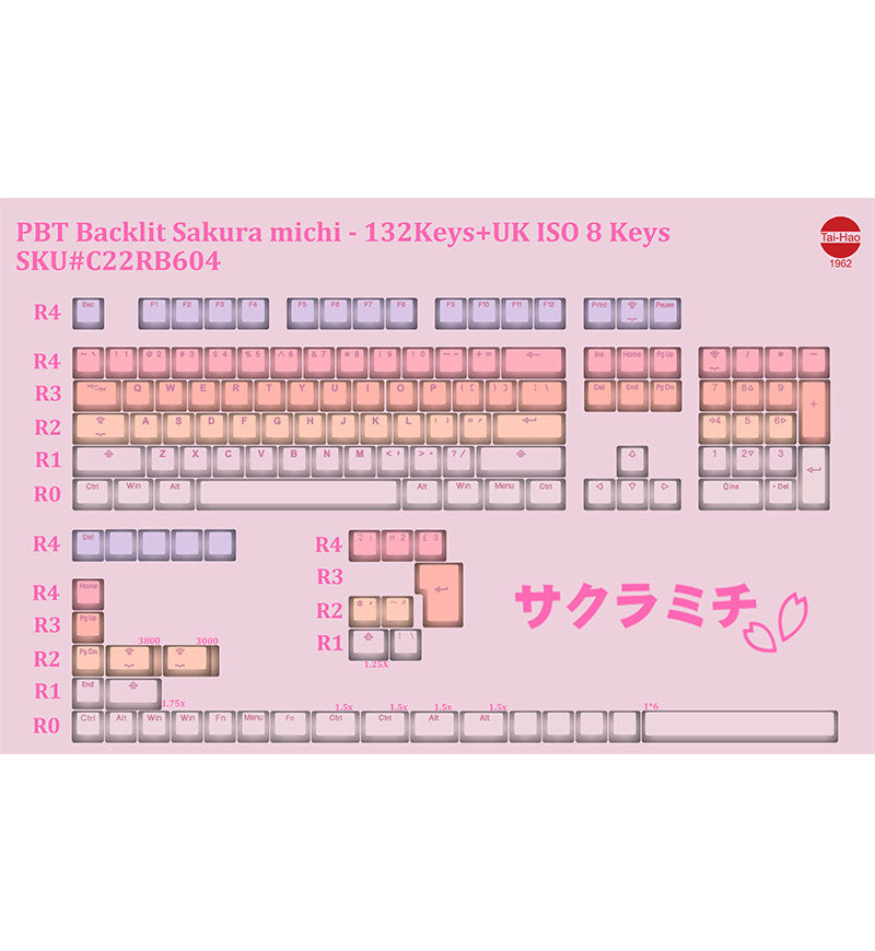 Tai-Hao PBT Double Shot Backlit Sakura Michi 140 Keycaps - UK & US