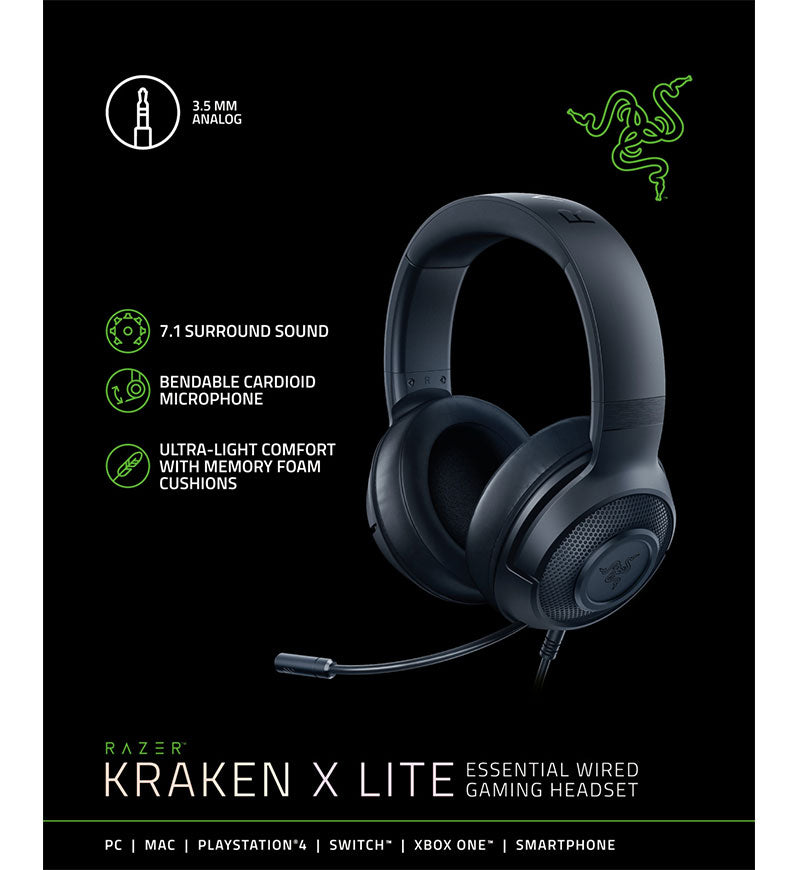 Auriculares Razer Kraken x Lite Gamer 7.1 Surround micrófono cardioide -  RZ04-02950100-R381