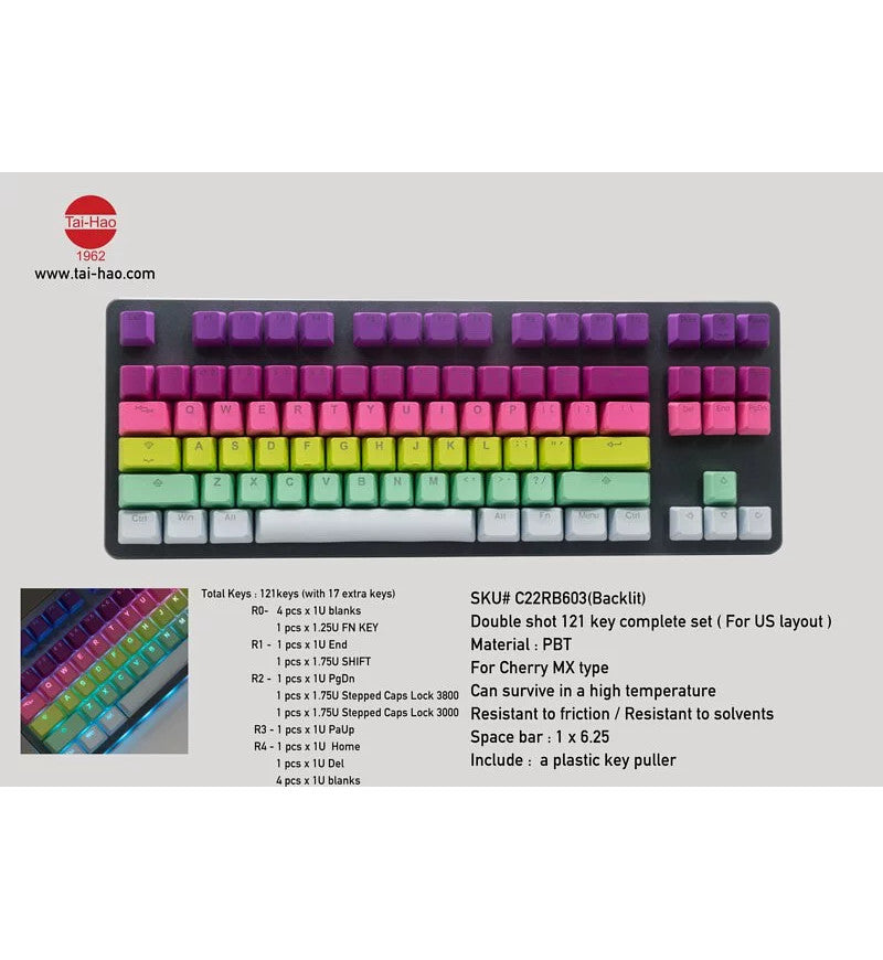 Tai-Hao PBT Double Shot Backlit Rainbow Sherbet 121 Keycaps - UK & US