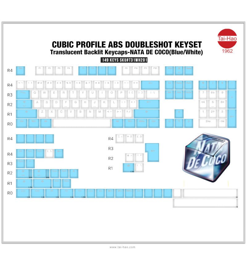 Tai-Hao Translucent Cubic ABS Nata De Coco Blue White 149 Keycaps - UK & US