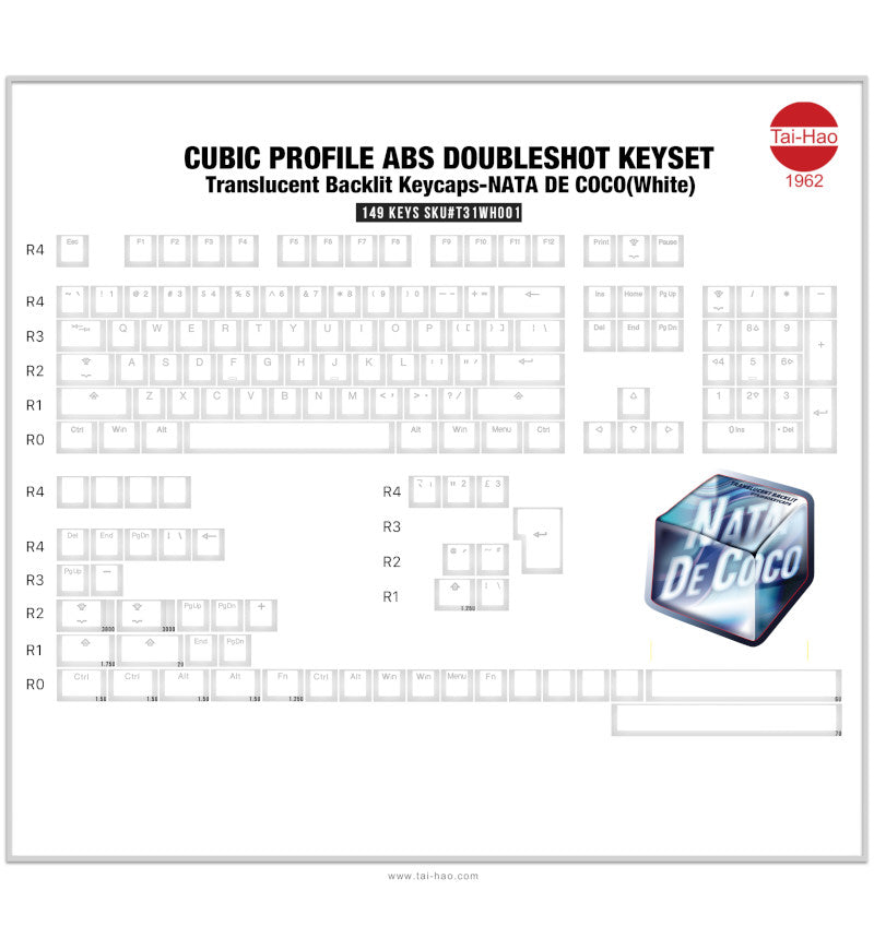 Tai-Hao Translucent Cubic ABS Nata De Coco Full White 149 Keycaps - UK & US